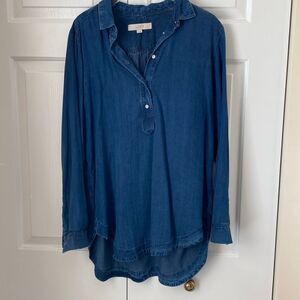 LOFT dark wash long sleeve Chambray popover blouse M Lyocell Tunic‎